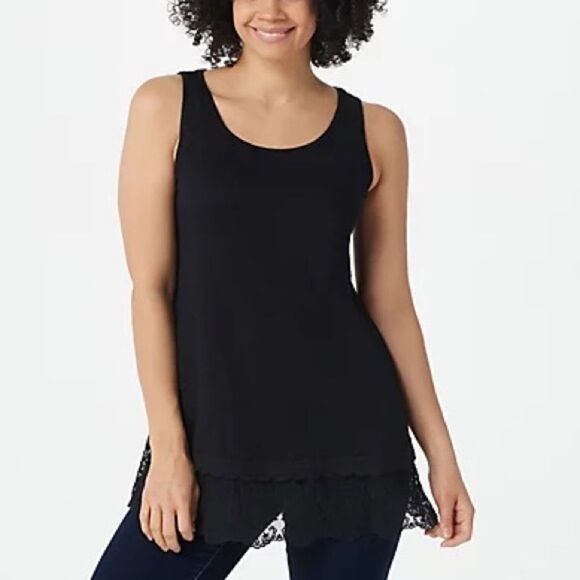 LOGO Layers by Lori Goldstein Cotton Slub Lace Hem Tank - Picture 1 of 5